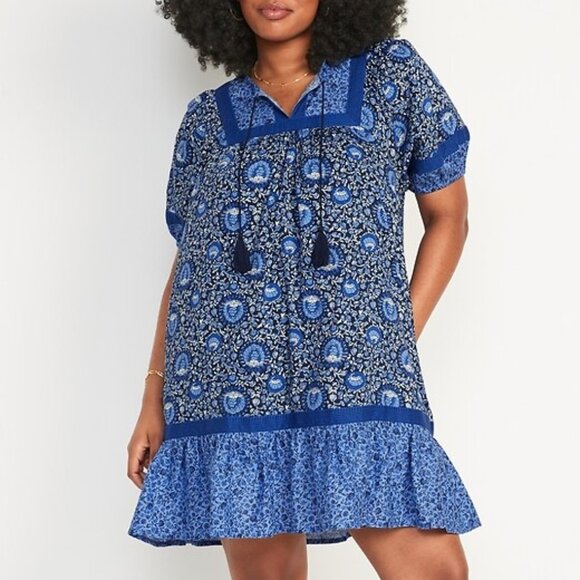 Old Navy Puff-Sleeve Printed Mini Swing Dress in Blue Blossoms l Size Large - Picture 1 of 9